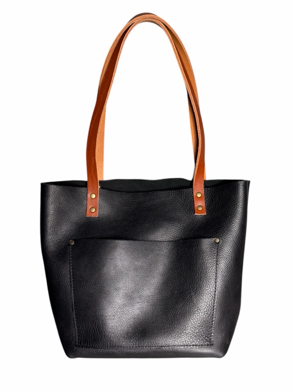 Portland Leather Medium Black Tote with Tan Handles